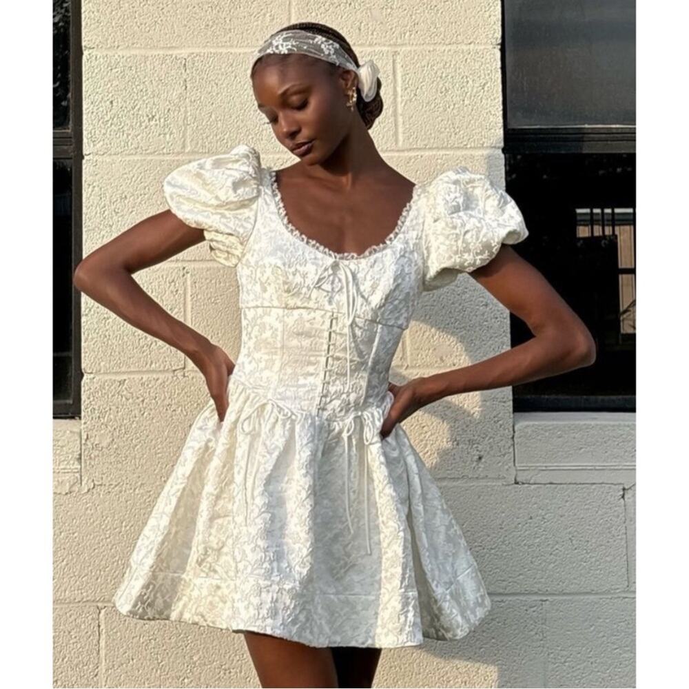 FOR LOVE & LEMONS Lisbeth Floral Jacquard Bustier Ruffle White Mini Dress Sz XS